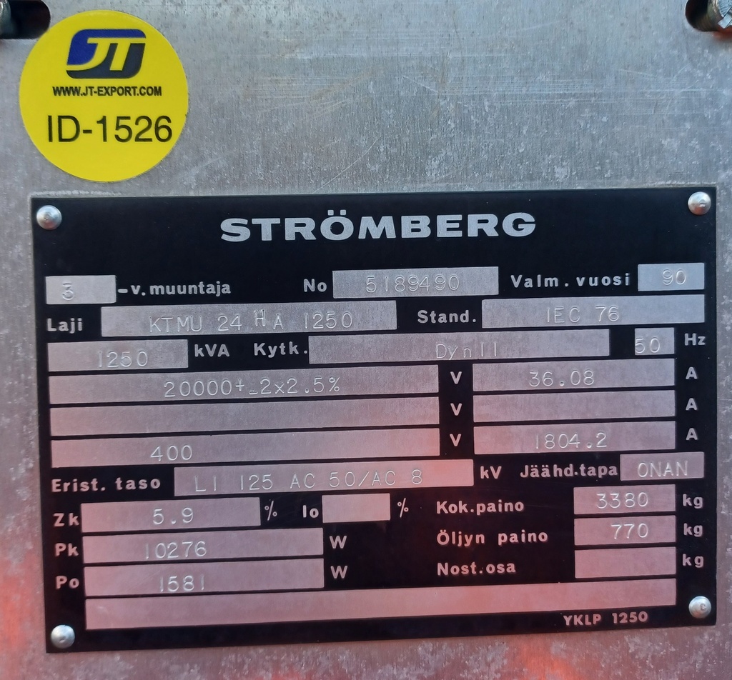 Öljymuuntaja Strömberg 1250kVA 20/0,4kV vm. 1990