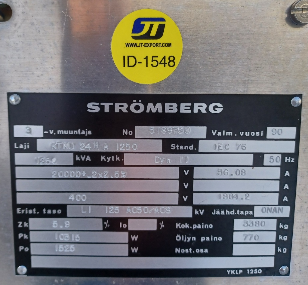 Öljymuuntaja Strömberg 1250kVA 20/0,4kV vm. 1990