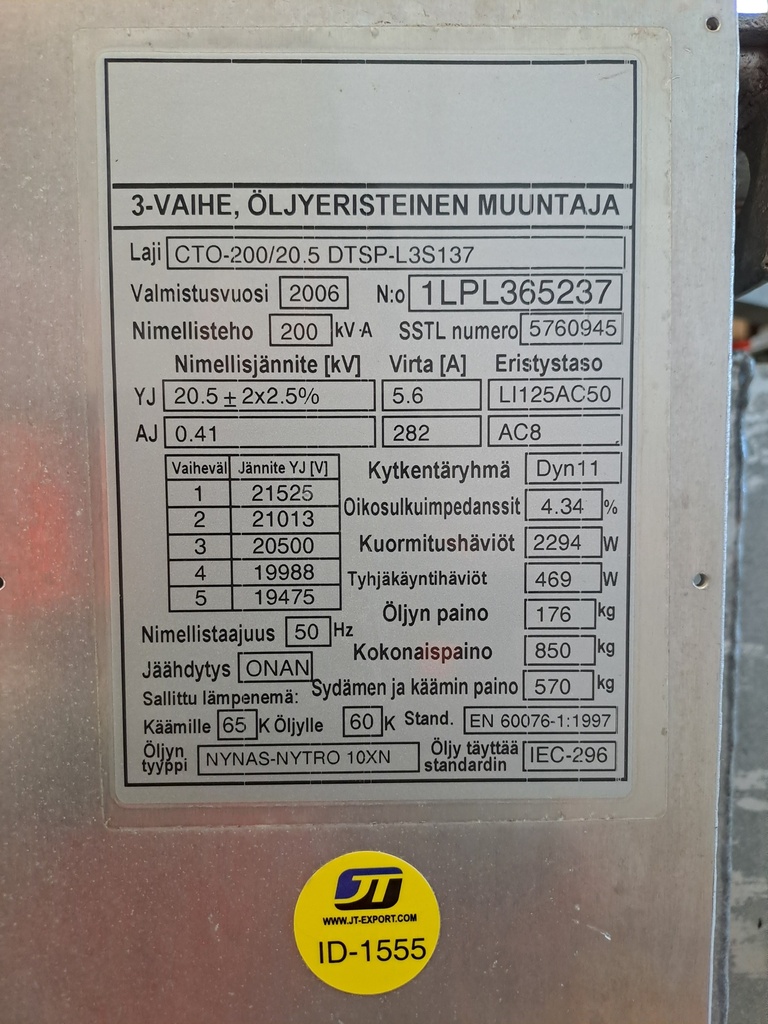 Öljymuuntaja ABB 200kVA 20/0,4kV vm. 2006