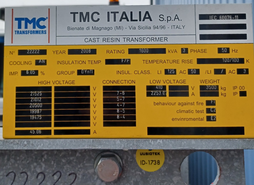 1600kVA 20/0,4kV Kuivamuuntaja TMC Transformers vm. 2008