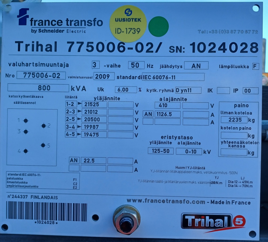 800kVA 20/0,4kV Kuivamuuntaja France Transfo vm. 2009