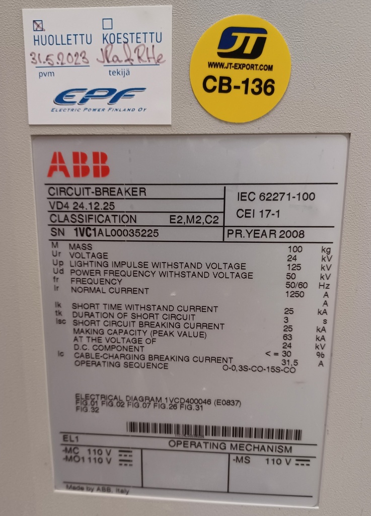 1250A ABB VD4/24 METE ZWK keskijännitekatkaisija