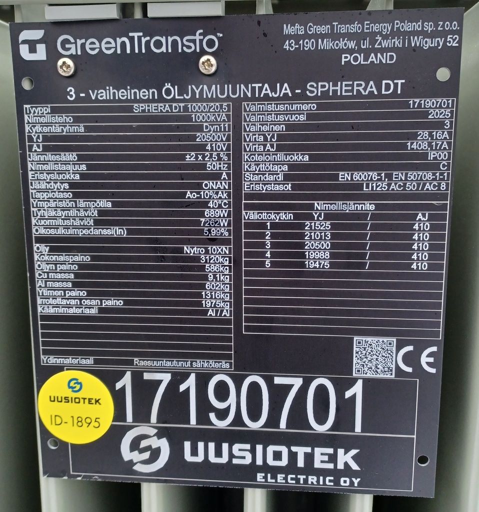 1000kVA 20/0,4kV Öljymuuntaja Green Transfo vm. 2025