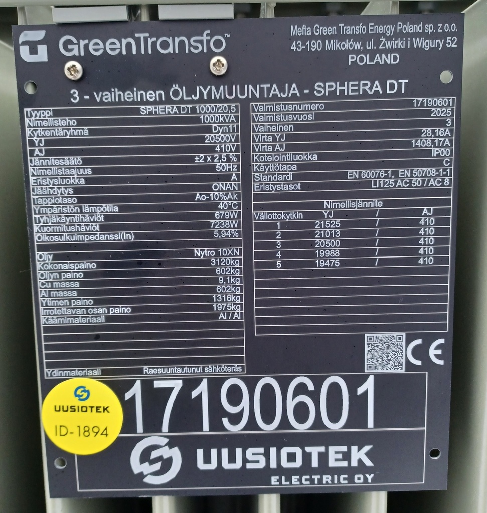 1000kVA 20/0,4kV Öljymuuntaja Green Transfo vm. 2025