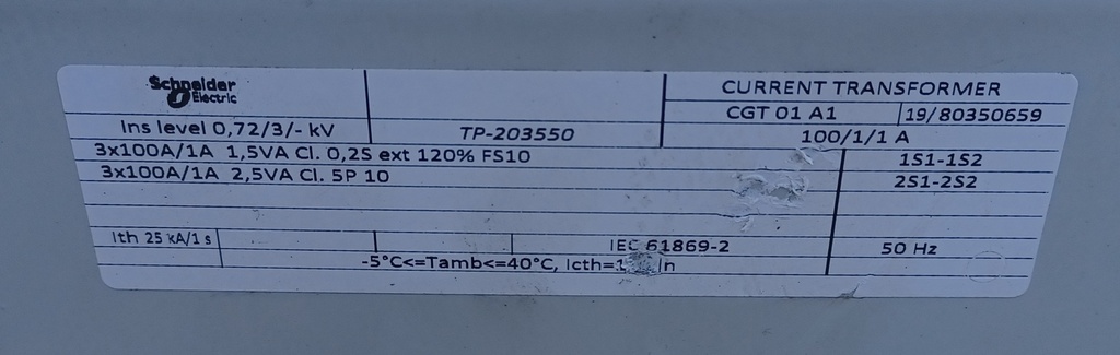 Virtamuuntaja 3-vaih. Schneider CGT01A1 100/1/1 0.2S