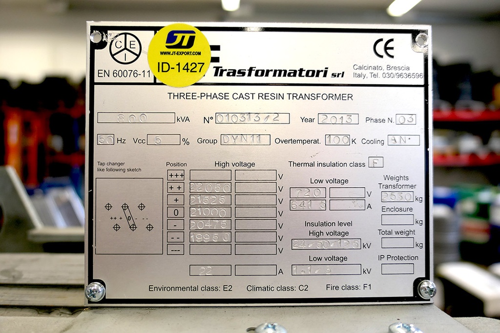 Kuivamuuntaja 800kVA tyyppikilpi