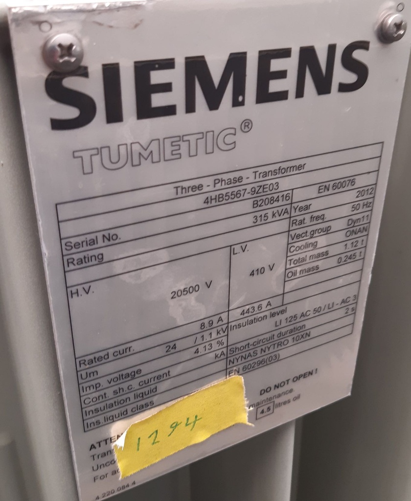 Jakelumuuntaja 314kVA 20/0,4 2012 Siemens