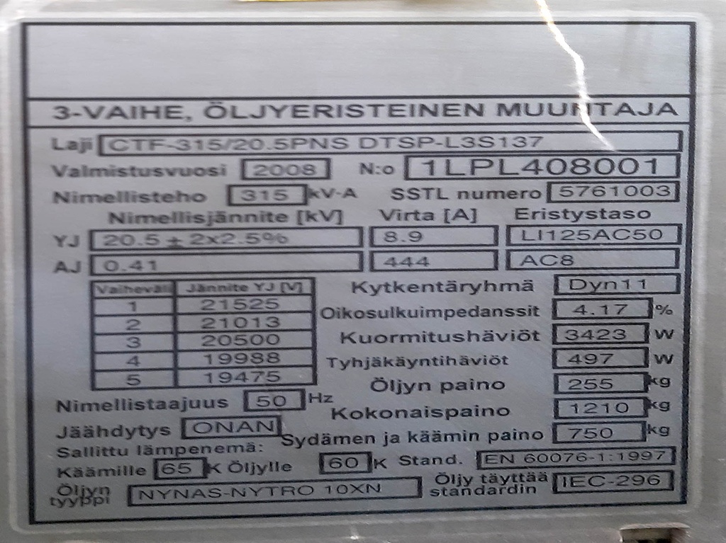 Jakelumuuntaja 315kVA 20/0,4kV 2008 ABB