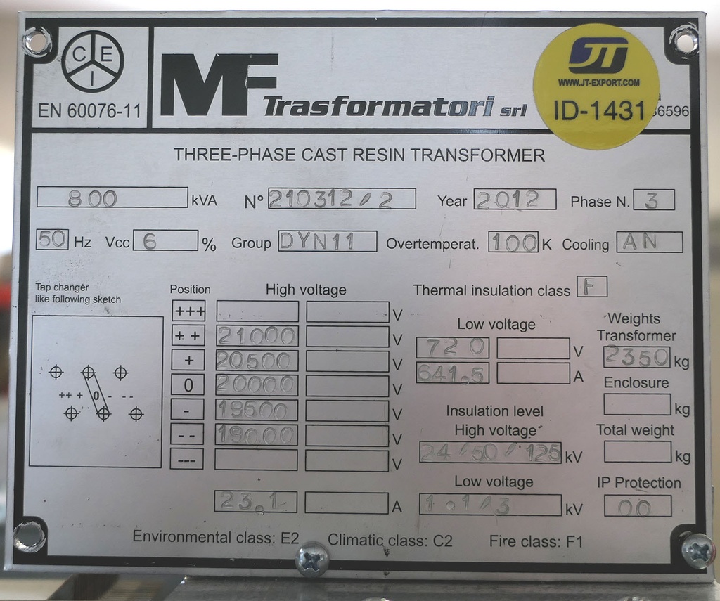 Kuivamuuntaja 800kVA 20/0,720 2012 MF Trasformatiri sri