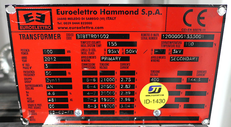 Kuivamuuntaja 100kVA 20/0,4 2012 BTB-Trafo