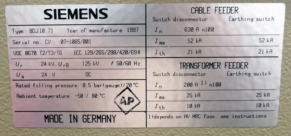 Siemens 8DJ10.71  24kV