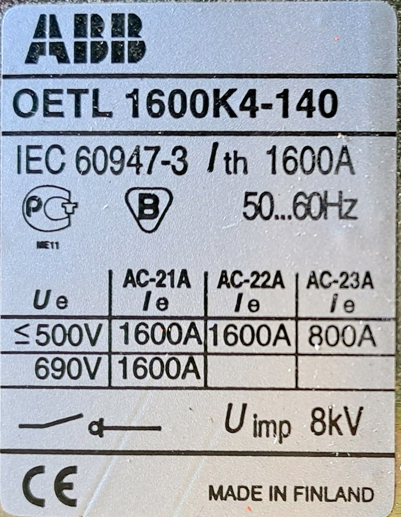ABB OETL 1600K4-140 kuormakytkin tyyppikilpi