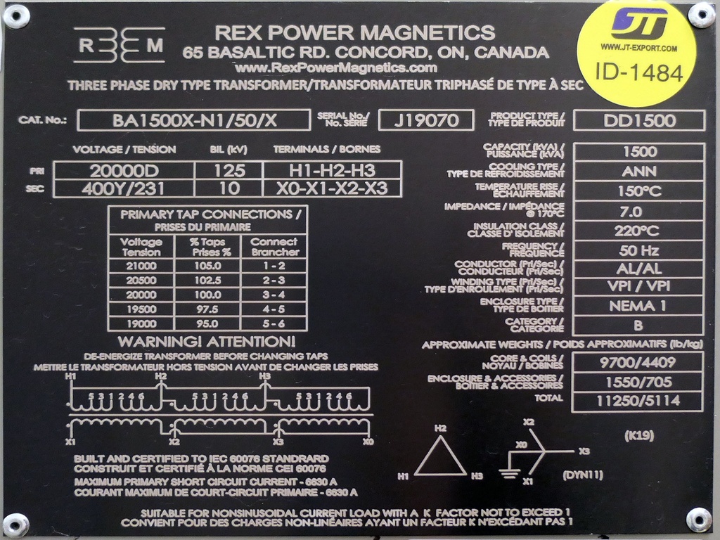 Kuivamuuntaja 1500kVA 20/0,4kV REX POWER MAGNETICS