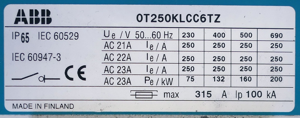 TURVAKYTKIN VÄÄNNIN ABB OT250KLCC6TZ