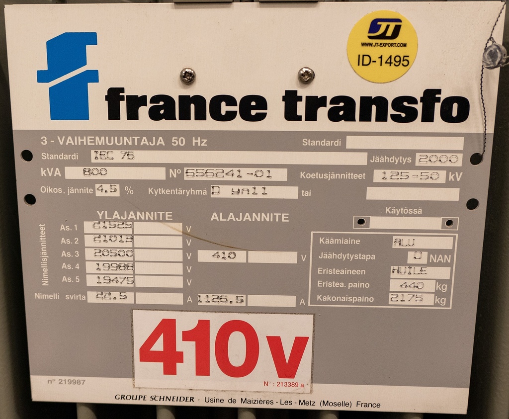 Jakelumuuntaja France Transfo 800kVA 20/0,4kV vm.2000