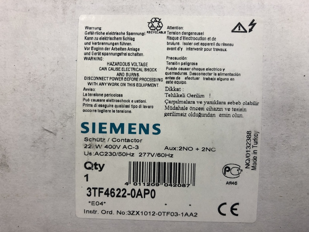 Siemens 3TF4622-0AP0 contactor 22kW 230VAC