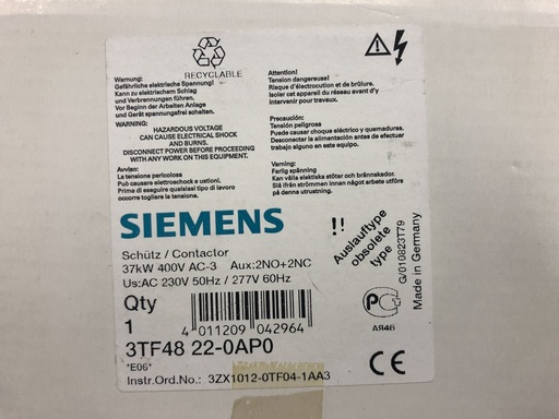 [3TF4822-0AP0] Siemens 3TF4822-0AP0 contactor 37kW 230VAC