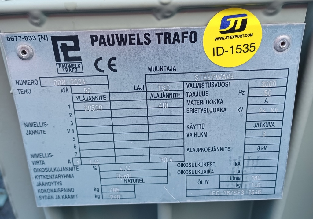 Öljymuuntaja Pauwels Trafo 50kVA 20/0,4kV vm. 2000