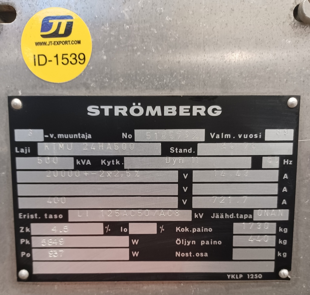 Öljymuuntaja Strömberg 500kVA 20/0,4kV vm. 1989