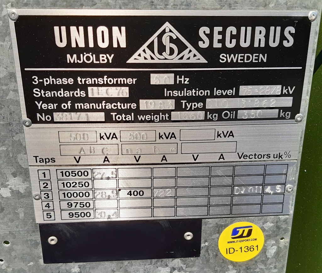 ID-1361 -500KVA-UNION SECURUS-10/0,4 - 1983