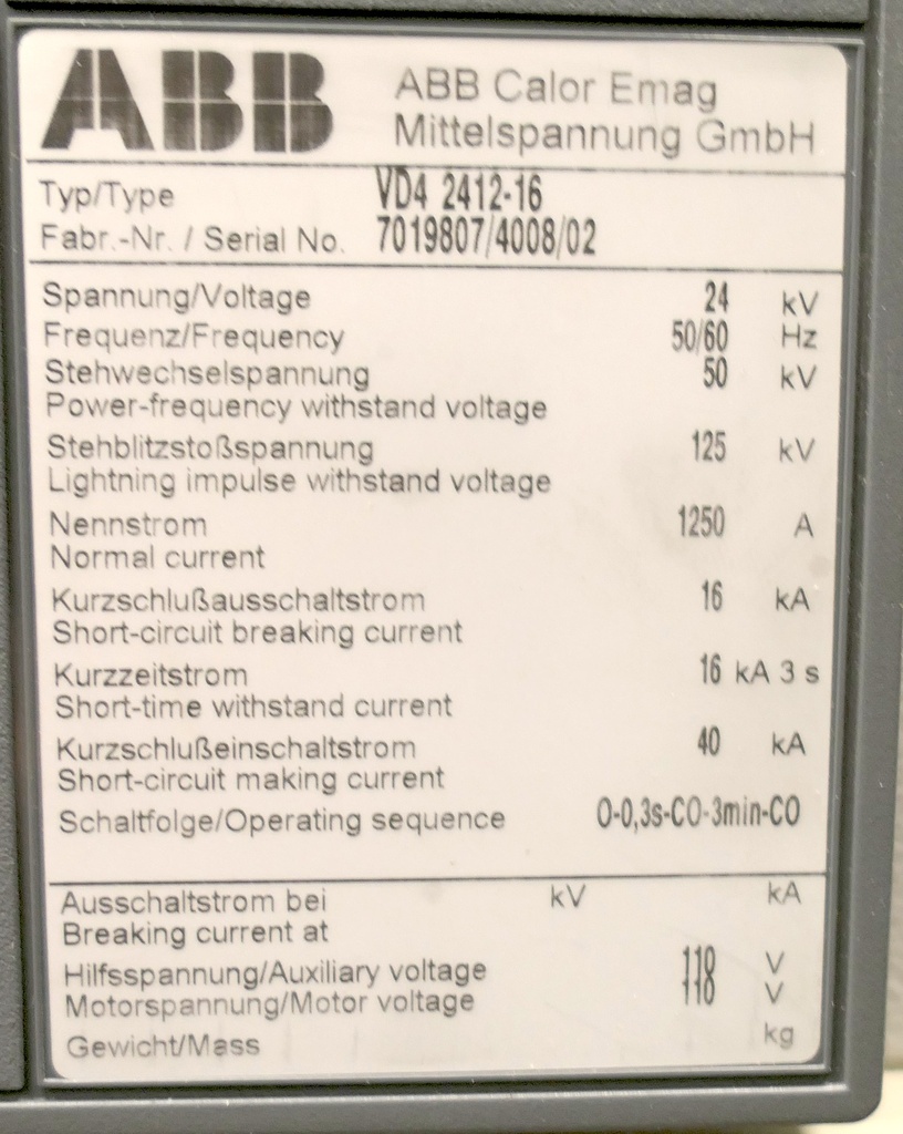 ABB VD4 24kV 1250A, 16kA katkaisija kilpikuva