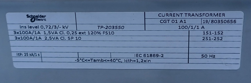 Virtamuuntaja 3-vaih. Schneider CGT01A1 100/1/1 0.2S