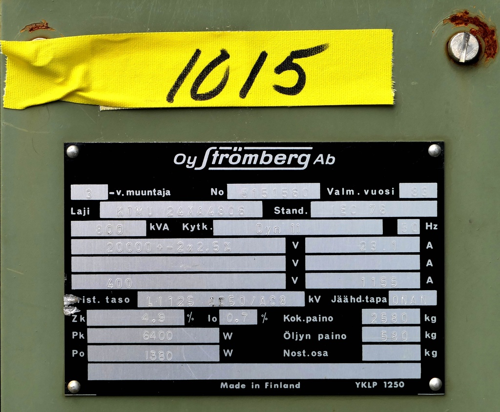 Jakelumuuntaja 800kVA 20/0,4kV 1983 Strömberg