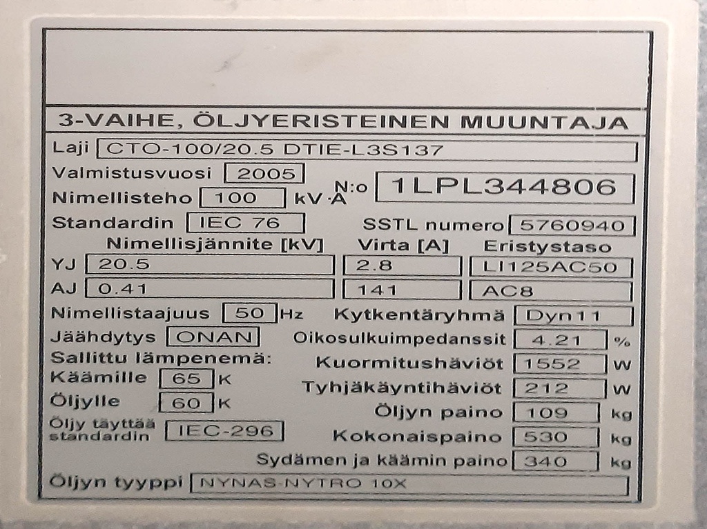 Jakelumuuntaja 100kVA-ABB-20/0,4-2005