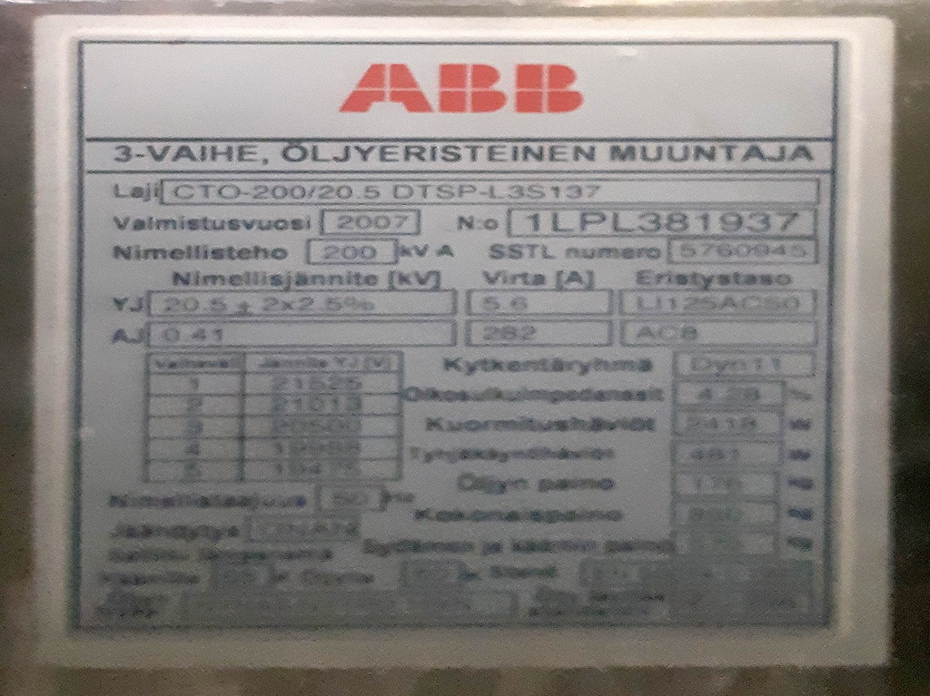 Jakelumuuntaja 200kVA-ABB-20/0,4-2007