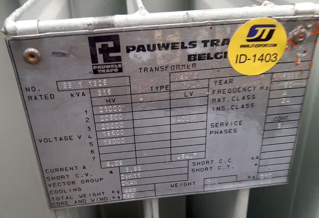 Jakelumuuntaja 315kVA 20/0,4kV 1988 Pauwels