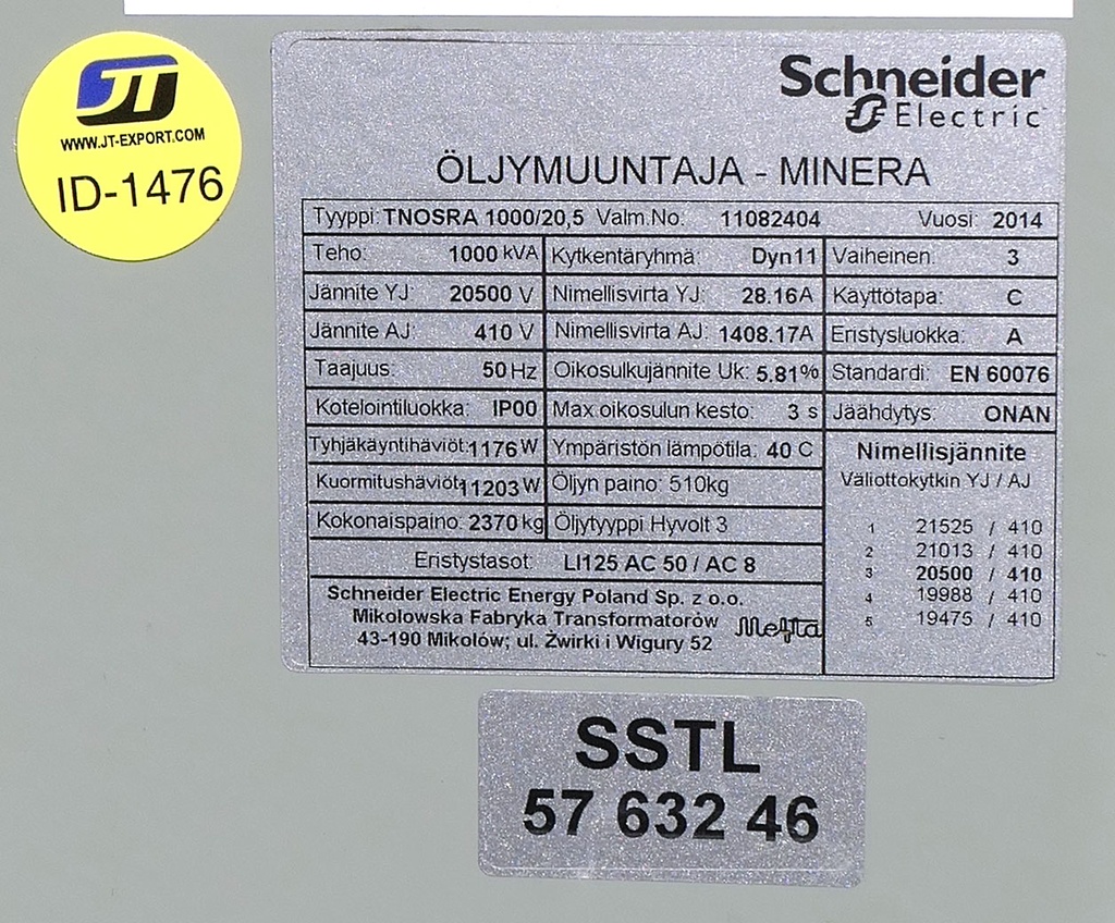 Jakelumuuntaja ID-1476 20/0,4 1000kVA 2014 Schneider kilpikuva