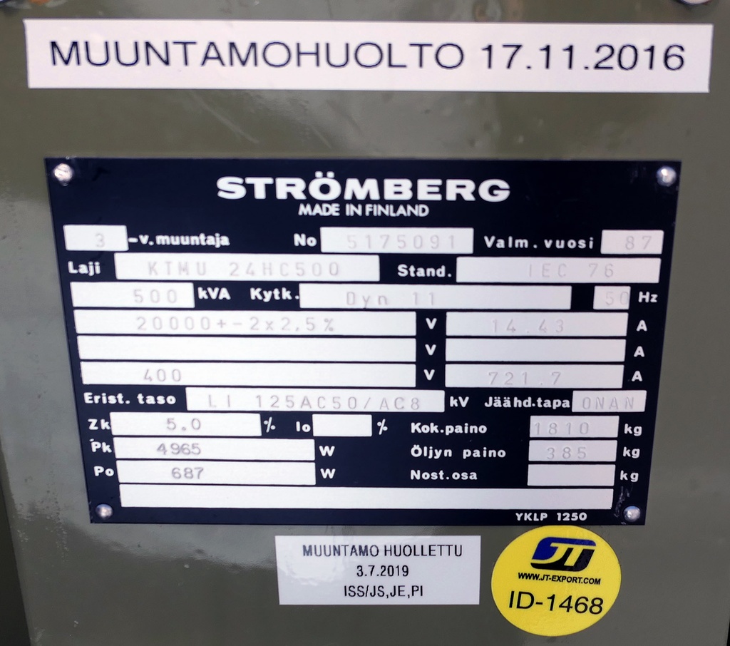 Jakelumuuntaja 500kVA 20/0,4 1987 Strömberg