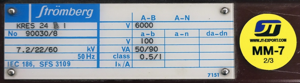 MM-7 Jännitemuuntaja Strömberg KRESS24B1 6000V 0,5/1