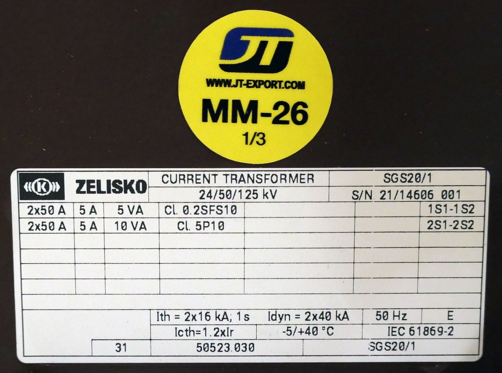 MM-26 Virtamuuntaja Zelisko SGS20/1/ Cl. 0.2S / 50-100A