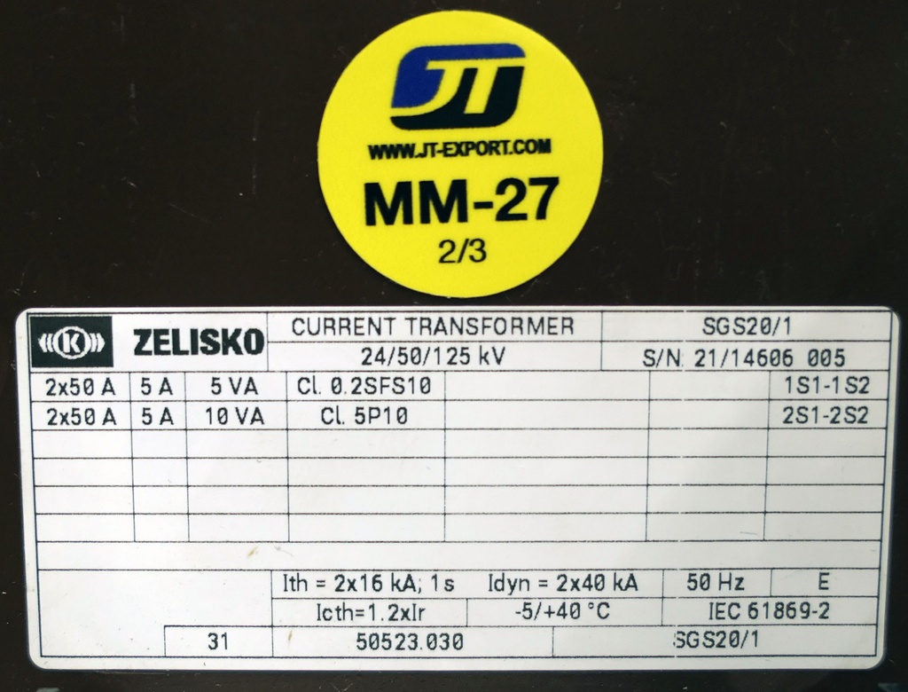 MM-27 Virtamuuntaja Zelisko SGS20/1/ Cl. 0.2S / 50-100A