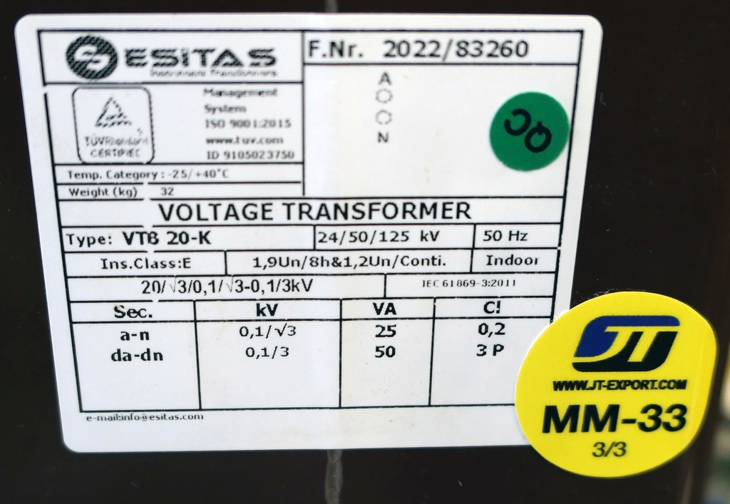 MM-33 Jännitemuuntaja Esitas VTB20-K 20000/V3/100/V3-100/3 V, cl 0,2