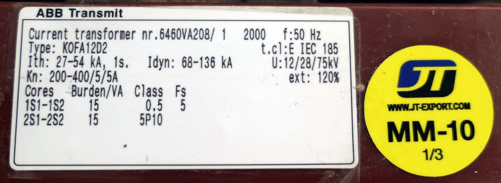 Current transformer ABB KOFA12D2 200-400/5/5A 0,5