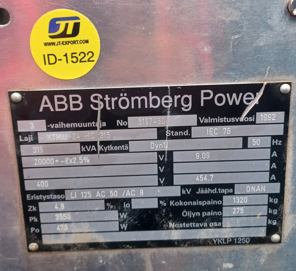 315kVA 20/0,4kV - 1992 ABB oil type transformer