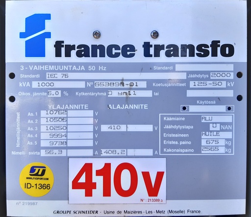 [ID-1366] Öljymuuntaja France Transfo 1000kVA 10/0,4 vm. 2000